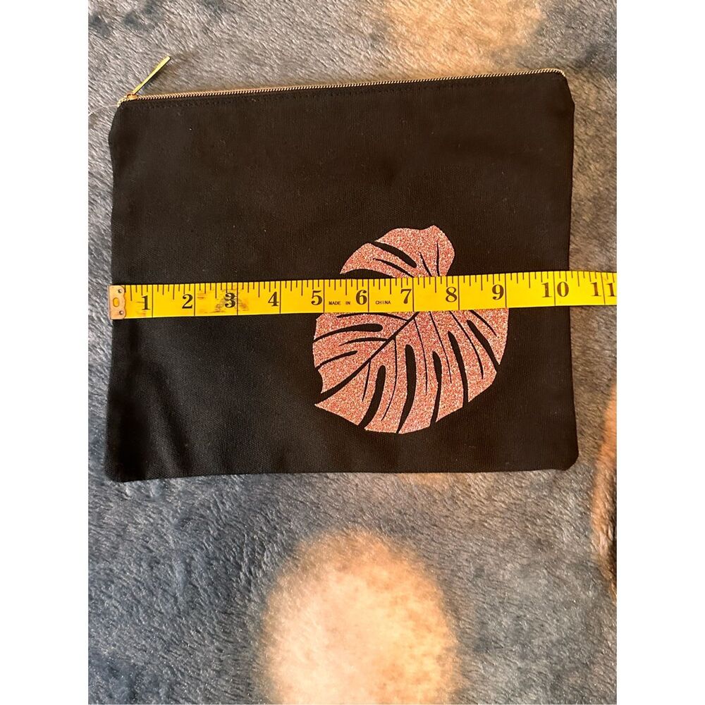 Black Canvas Clutch Pouch Rose Gold Glitter Monstera Leaf Zipper Cosmetic Bag - Picture 4 of 5